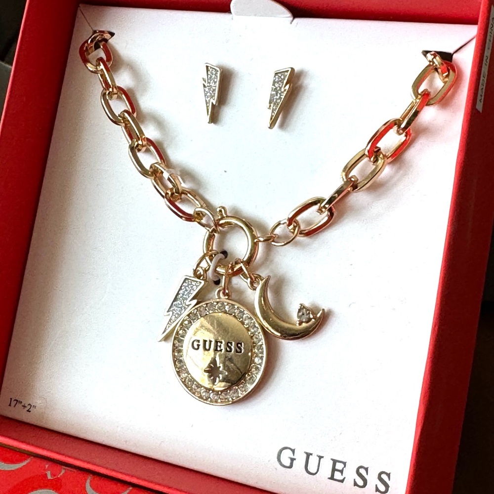 Guess Lightning Bolt Charm Necklace and Earrings Set